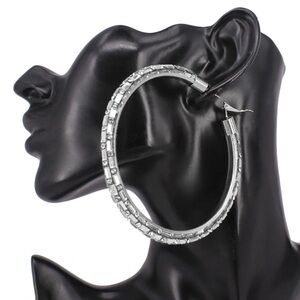 Silver Oversized Baguette Rhinestone Embellished Hoop Statement Earrings